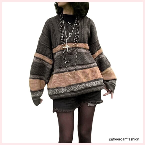 Vintage Argyle Pullover Sweater Long Sleeve Preppy Knitwear Fall Winter